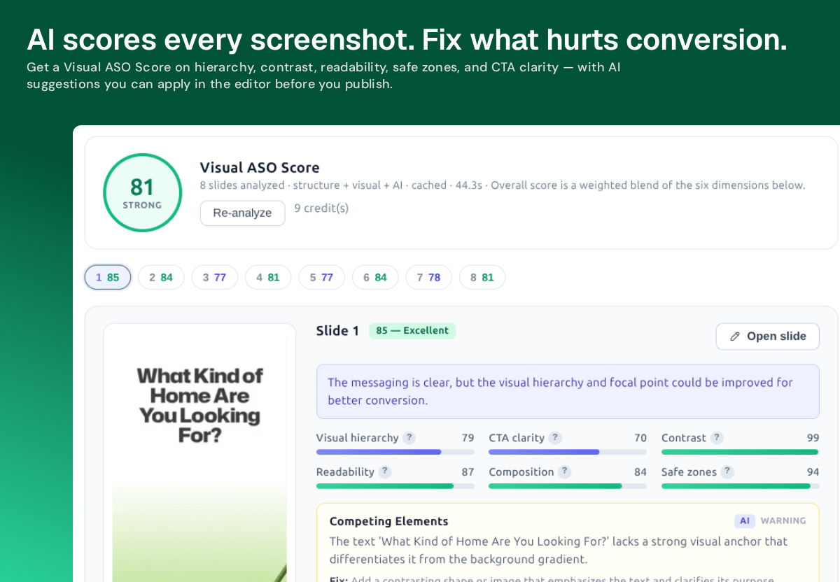 Nakxi ASO Screenshot Visualizer — Visual ASO Score with hierarchy, contrast, and readability analysis