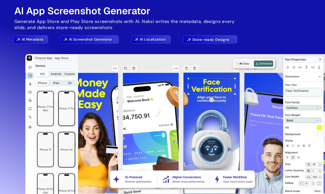 Nakxi AI App Screenshot Generator — Screenshot Studio with AI Copy, device frames, and App Store slides