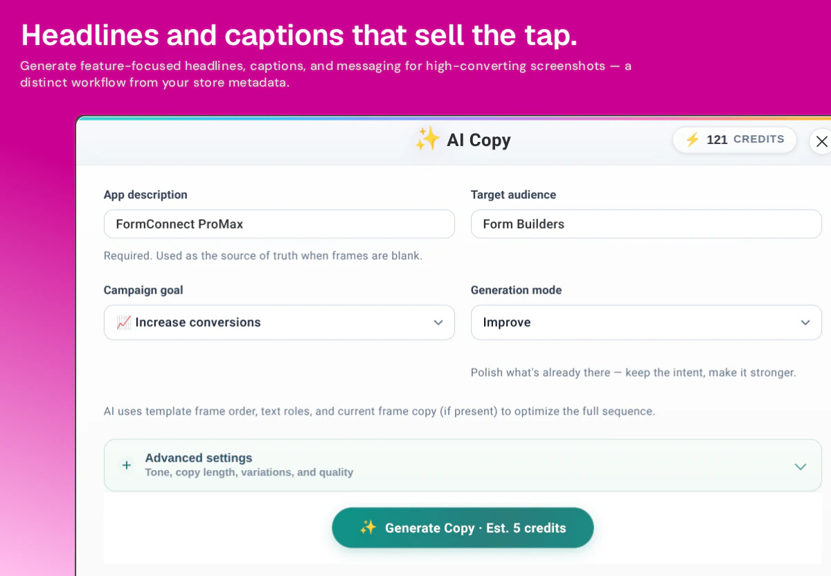 Nakxi Screenshot Copy AI — screenshot headline and caption generator