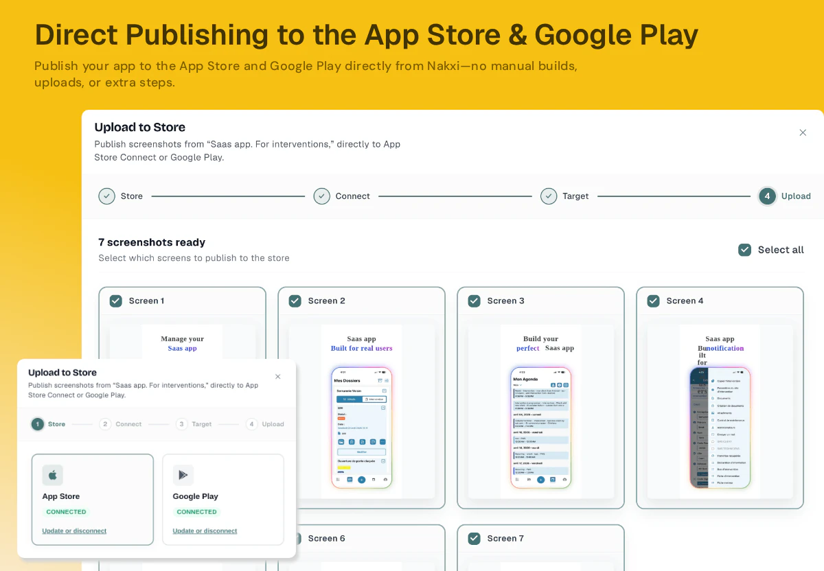 Nakxi Store Publish — one-click upload to App Store Connect and Google Play Console