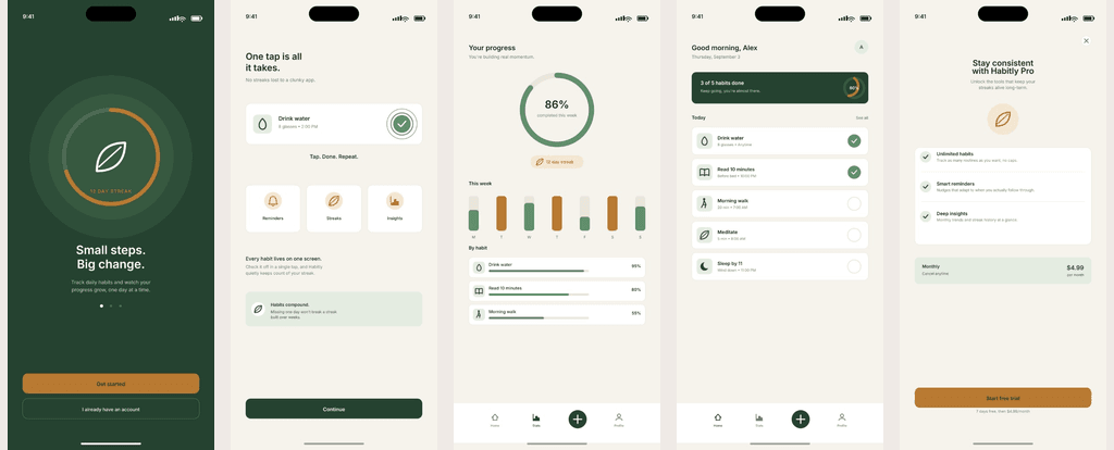 Five raw app screenshots as uploaded, before any design work