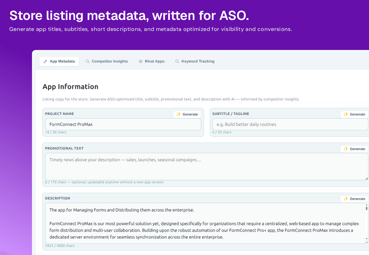 Nakxi Metadata AI — app title, subtitle, and description generator