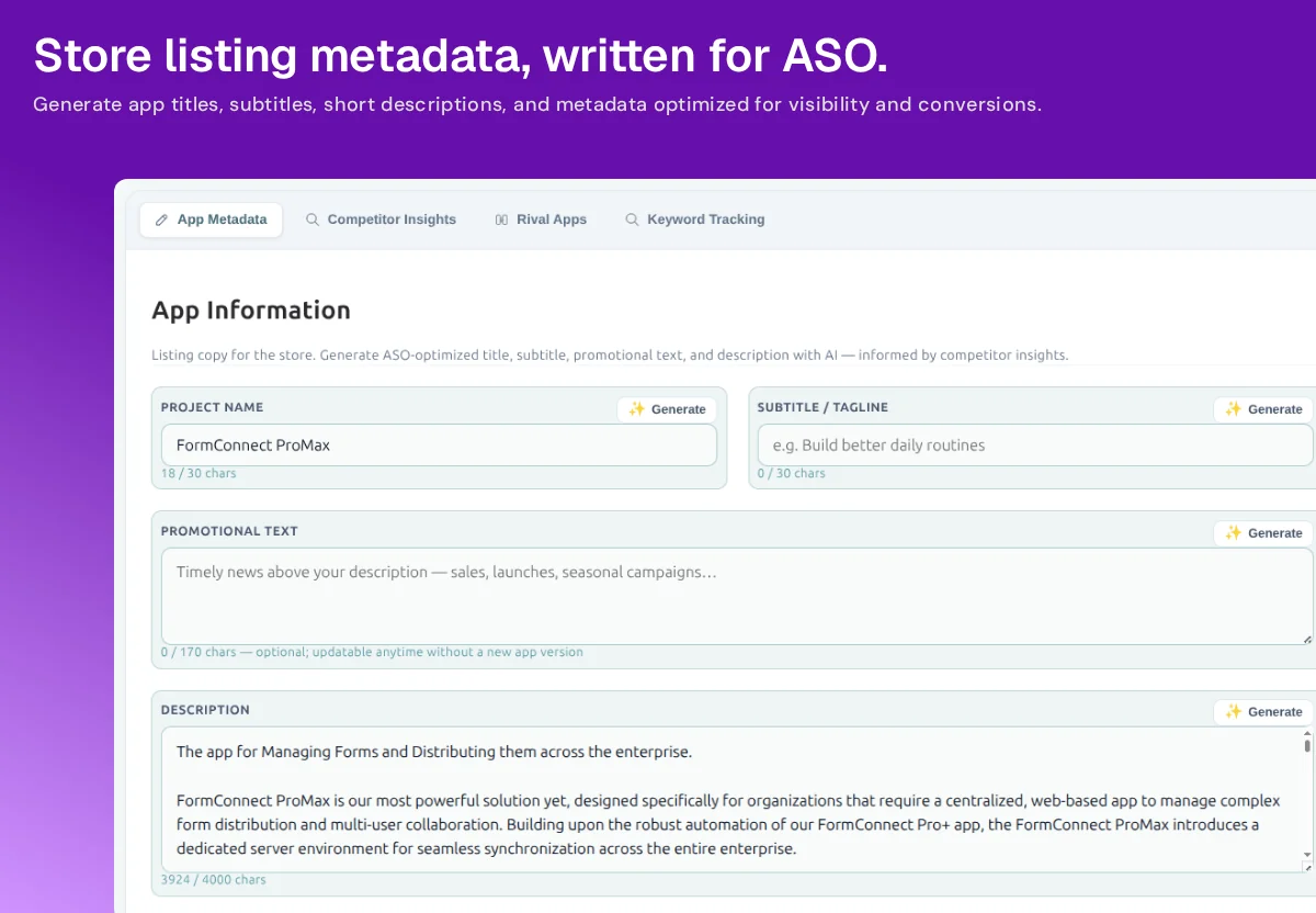 Nakxi Metadata AI with App Information fields for title, subtitle, promotional text, and description, each with a Generate control and character counter