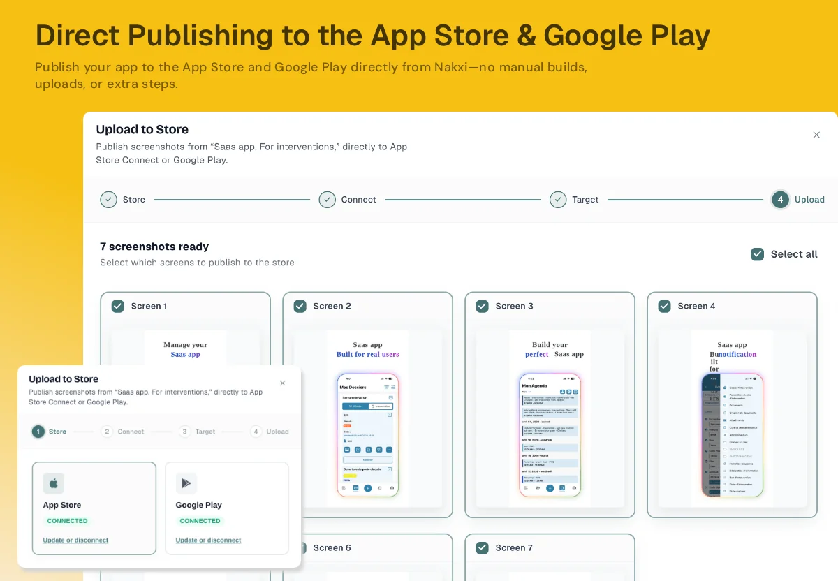 Nakxi upload-to-store flow publishing generated screenshots to App Store Connect and Google Play