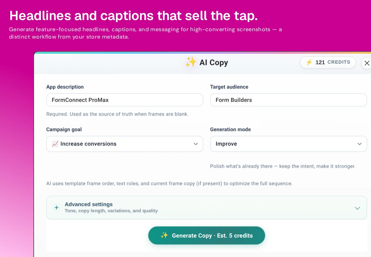 Nakxi Screenshot Copy AI writing benefit-led headlines for an AI-generated screenshot pack