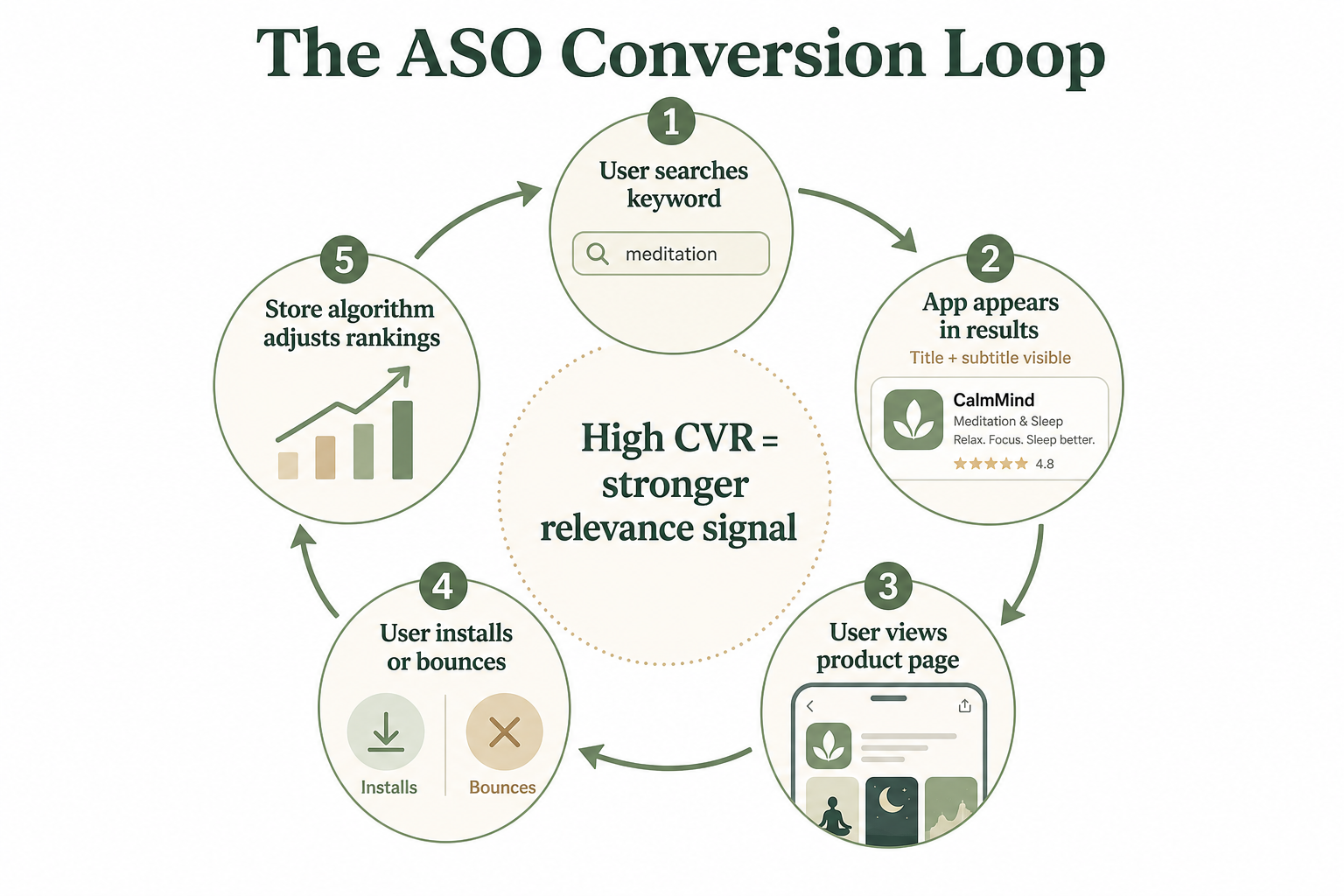 The ASO conversion loop diagram: search, listing view, install or bounce, and algorithm ranking adjustment