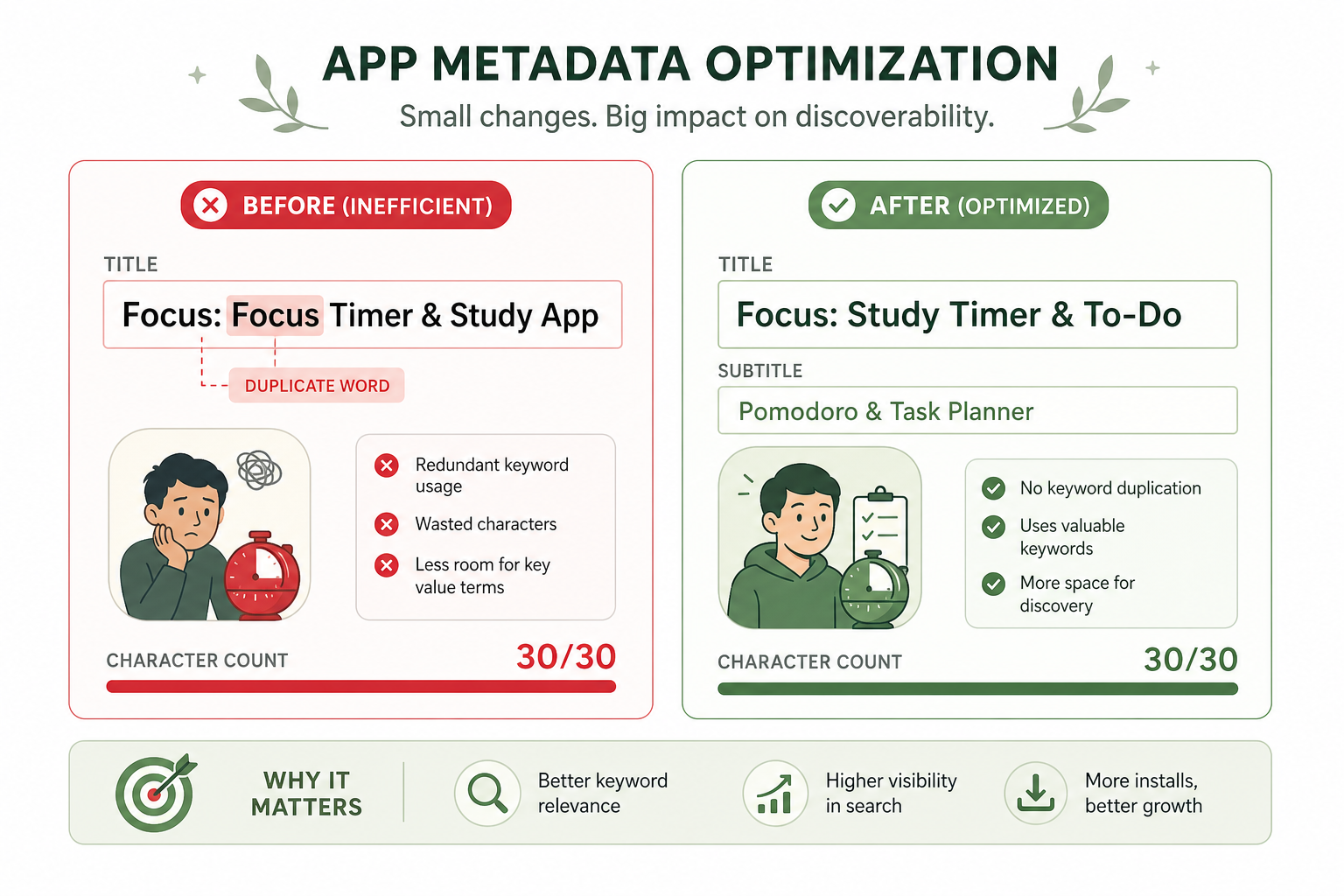 Before and after app metadata comparison showing duplicate word removal and improved character efficiency in title and subtitle