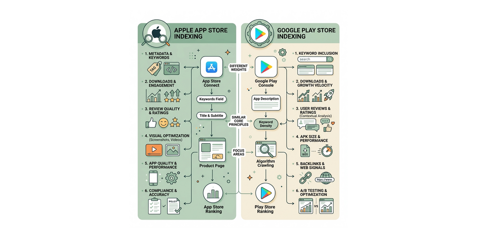High-level comparison of Apple App Store indexing factors versus Google Play Store indexing factors