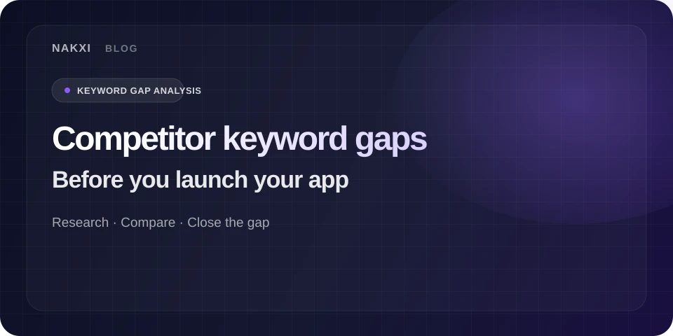 Competitor keyword gap analysis dashboard showing missing terms and listing comparison for app ASO