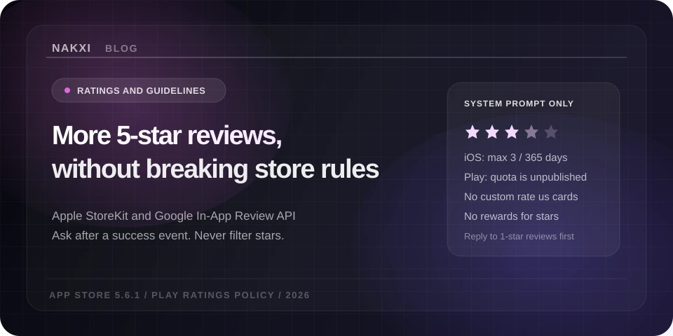 Nakxi blog cover for getting more 5-star app reviews using Apple StoreKit and Google Play In-App Review APIs without violating 2026 store guidelines