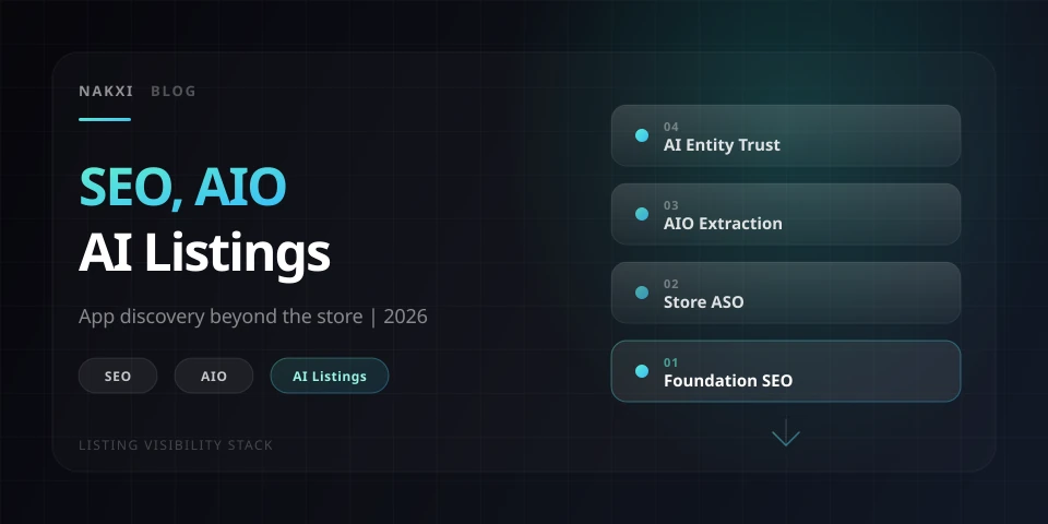 Minimal dark Nakxi blog cover for SEO, AIO, and AI app listings with Listing Visibility Stack layers