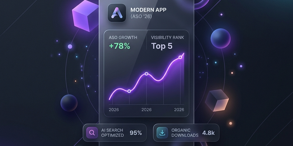 Sleek dark futuristic UI showing ASO and screenshot trends for Google AI search and app listing optimization
