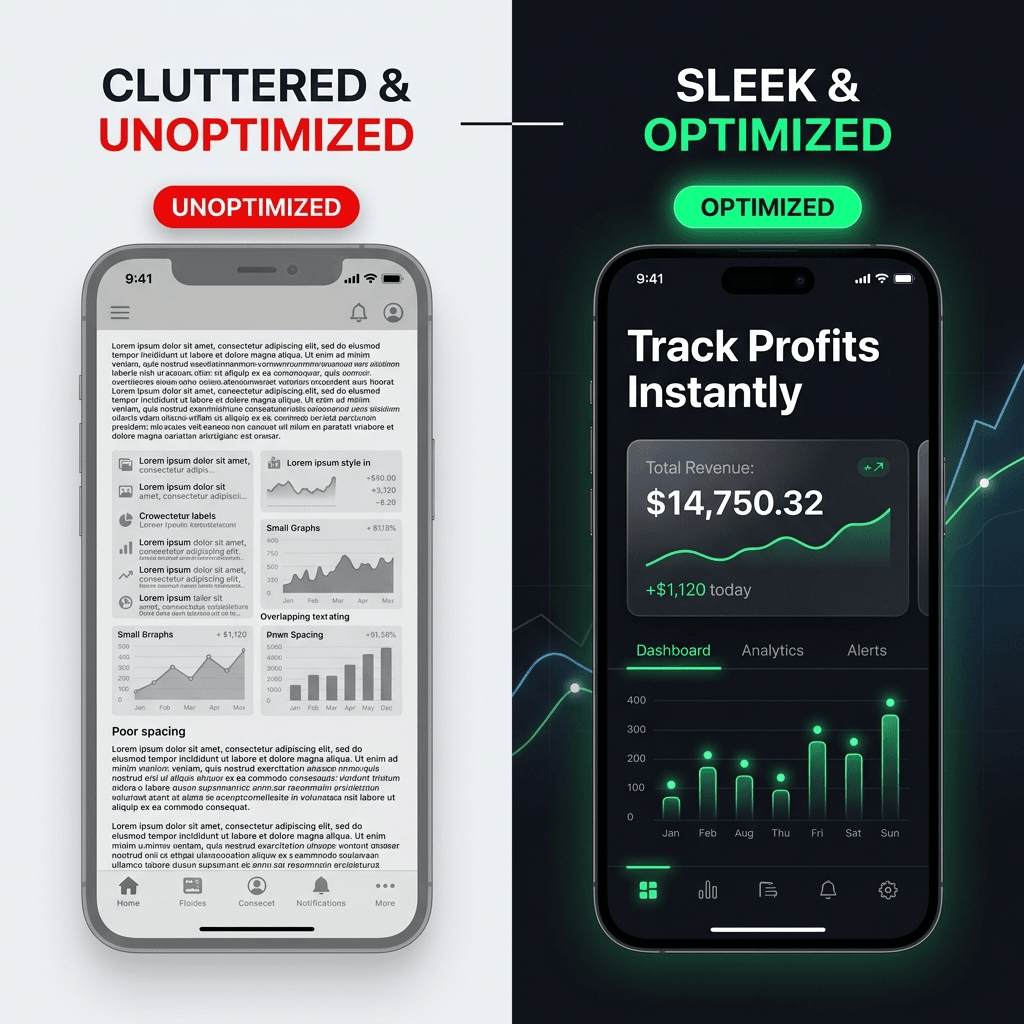 Visual comparison of an unoptimized, text-heavy app store screenshot versus a clean outcome-first screenshot