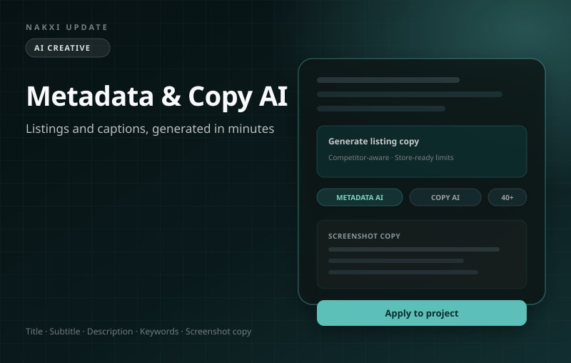 AI metadata generator and screenshot copy tools in the Nakxi editor